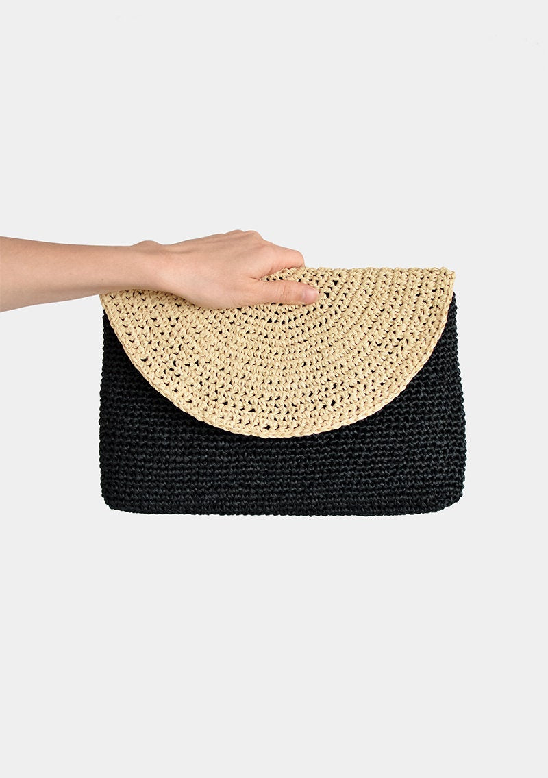 Two Tone Crochet Raffia Clutch: Black & Beige Summer Handbag