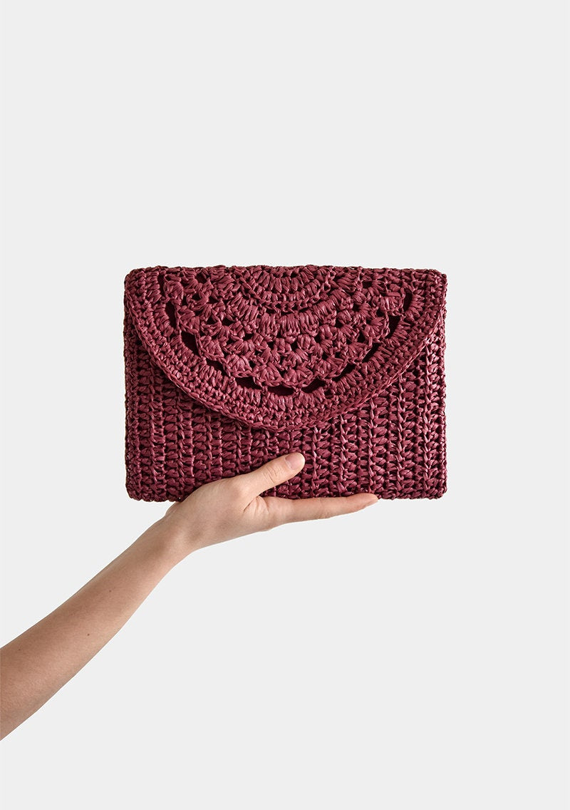 Crochet Raffia Clutch Bag: Plum Red Summer Handbag