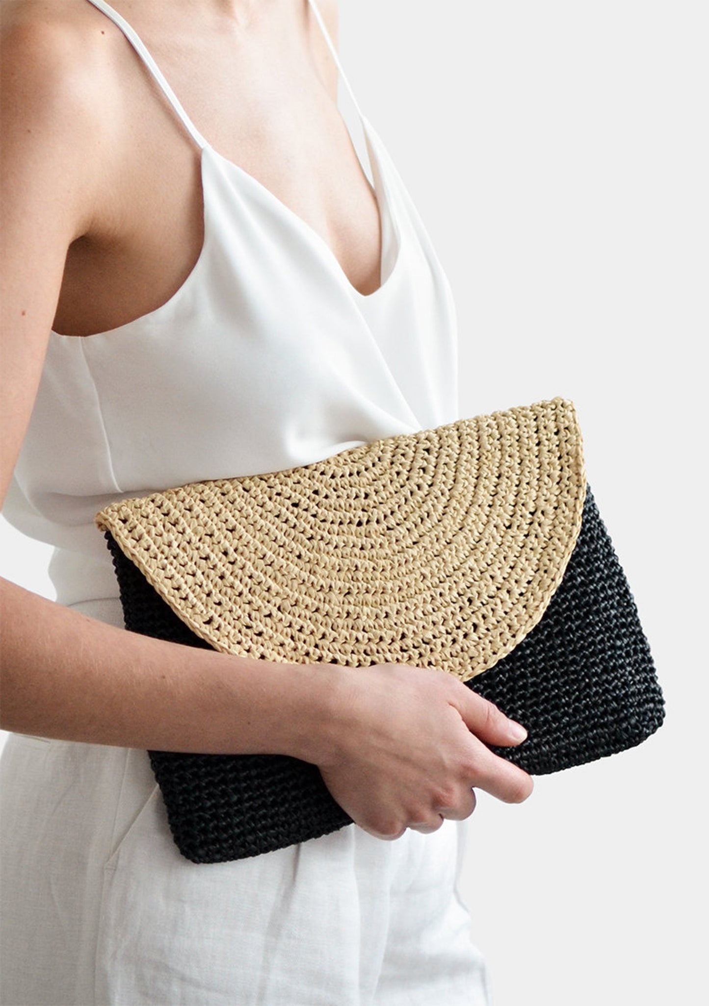 Two Tone Crochet Raffia Clutch: Black & Beige Summer Handbag