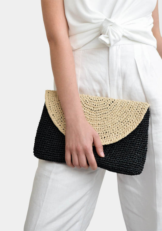 Two Tone Crochet Raffia Clutch: Black & Beige Summer Handbag