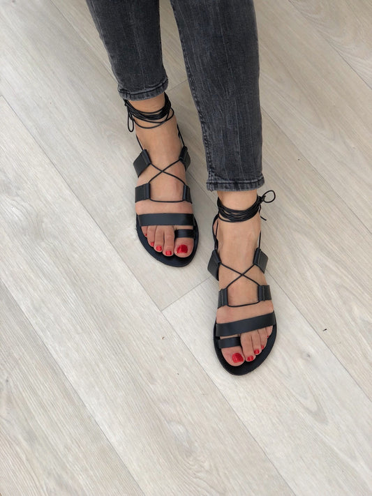 Lace Up Leather Sandals, Gladiator Sandals, Black Summer Shoes, Made in Greece.