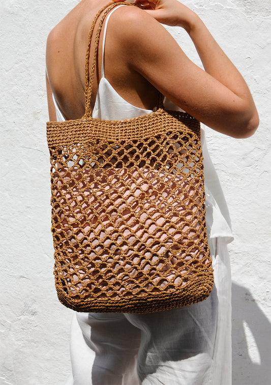 Raffia Net Bag in Tan, Crochet Raffia Tote, Summer Tote Bag, Straw Mesh Bag, Handcrafted Tote, Net Shoulder Bag ¡ª The Raffia Net Bag