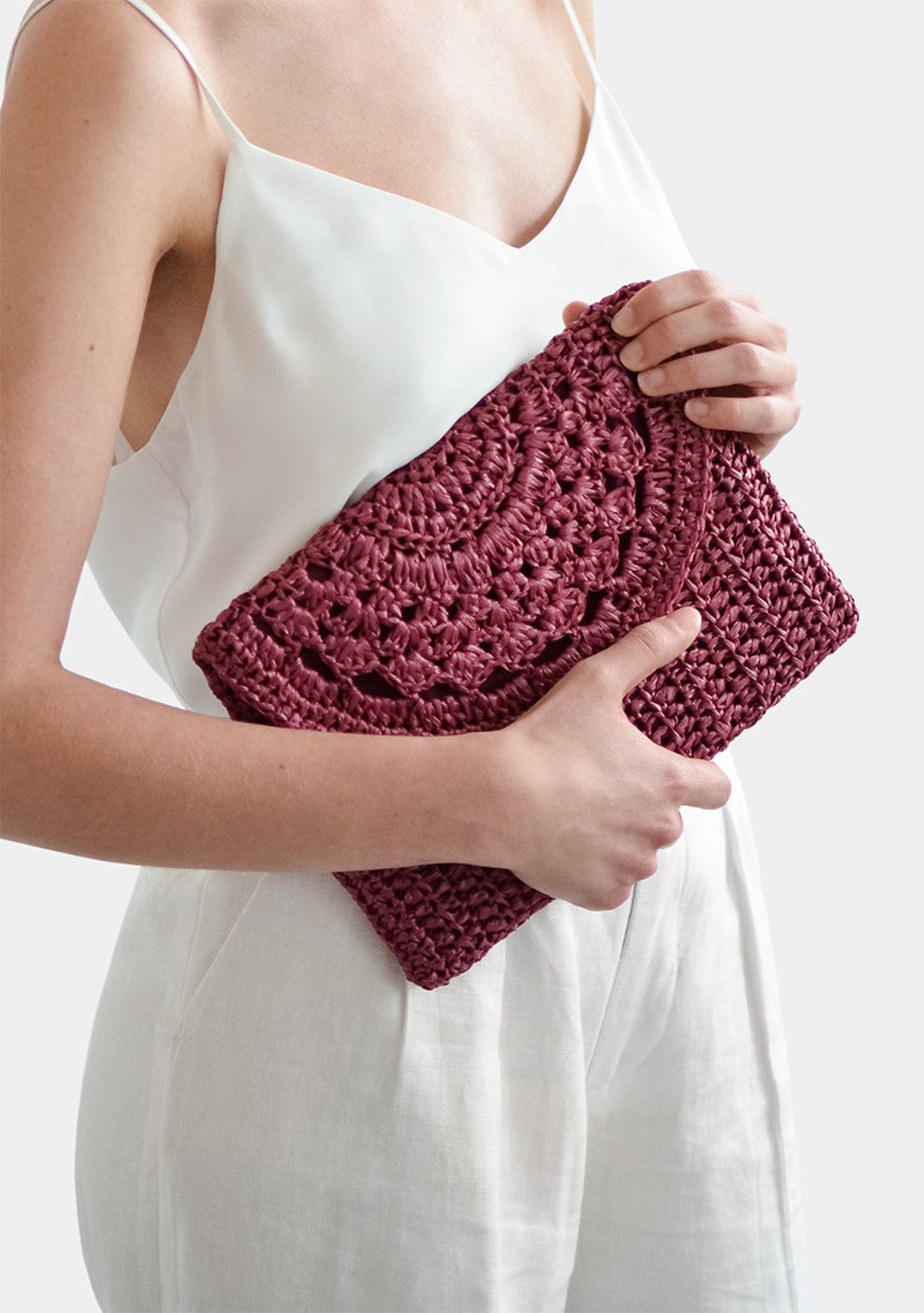 Crochet Raffia Clutch Bag: Plum Red Summer Handbag