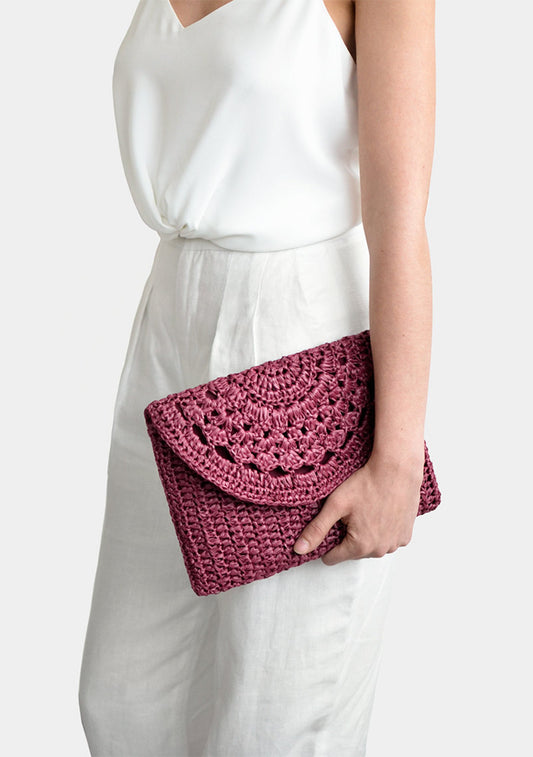 Crochet Raffia Clutch Bag: Plum Red Summer Handbag