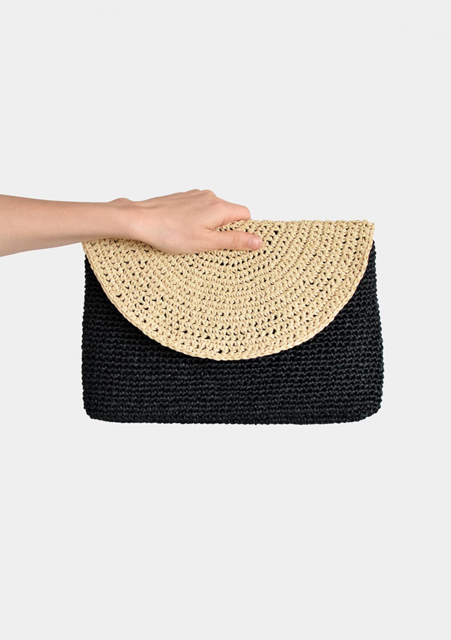 Two Tone Crochet Raffia Clutch: Black & Beige Summer Handbag