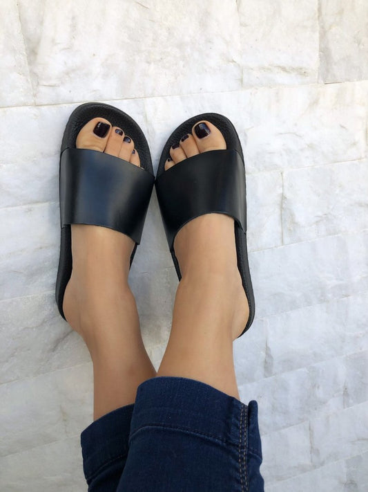 Sandals, Black Leather Slides, Greek Summer Sandals, Womens Slip Ons