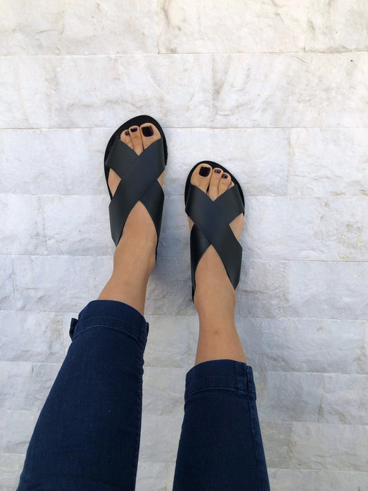 Handmade Black Leather Slingback Sandals, Criss Cross Sandals, Summer Shoes.