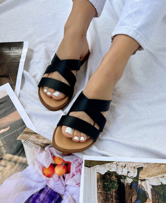 Greek Leather Sandals Women, Flat Sandals, Black Summer Shoes, Made in Greece.