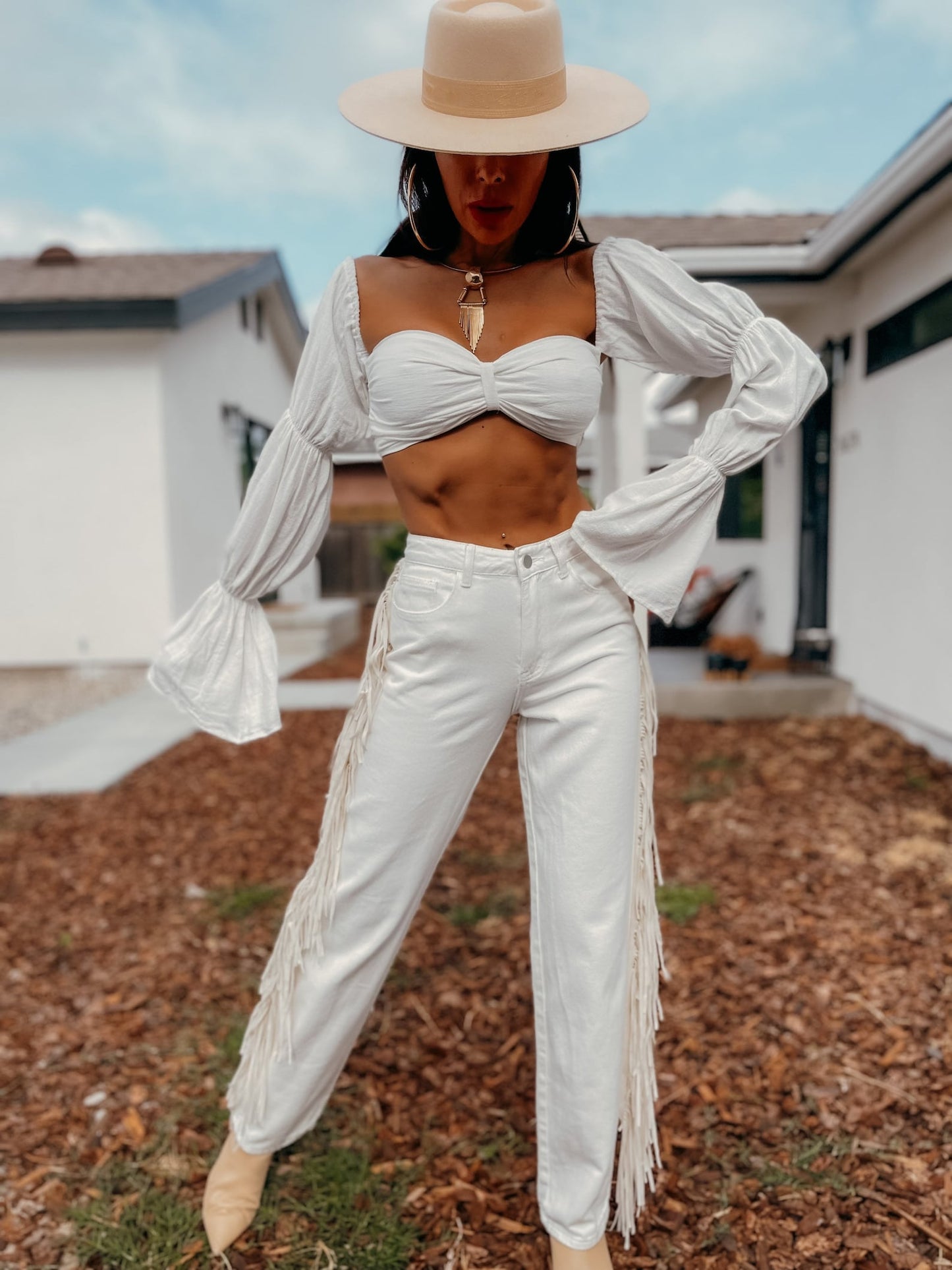 Linen Blend Crop Top: Tiered Sleeve Boho Bachelorette Outfit