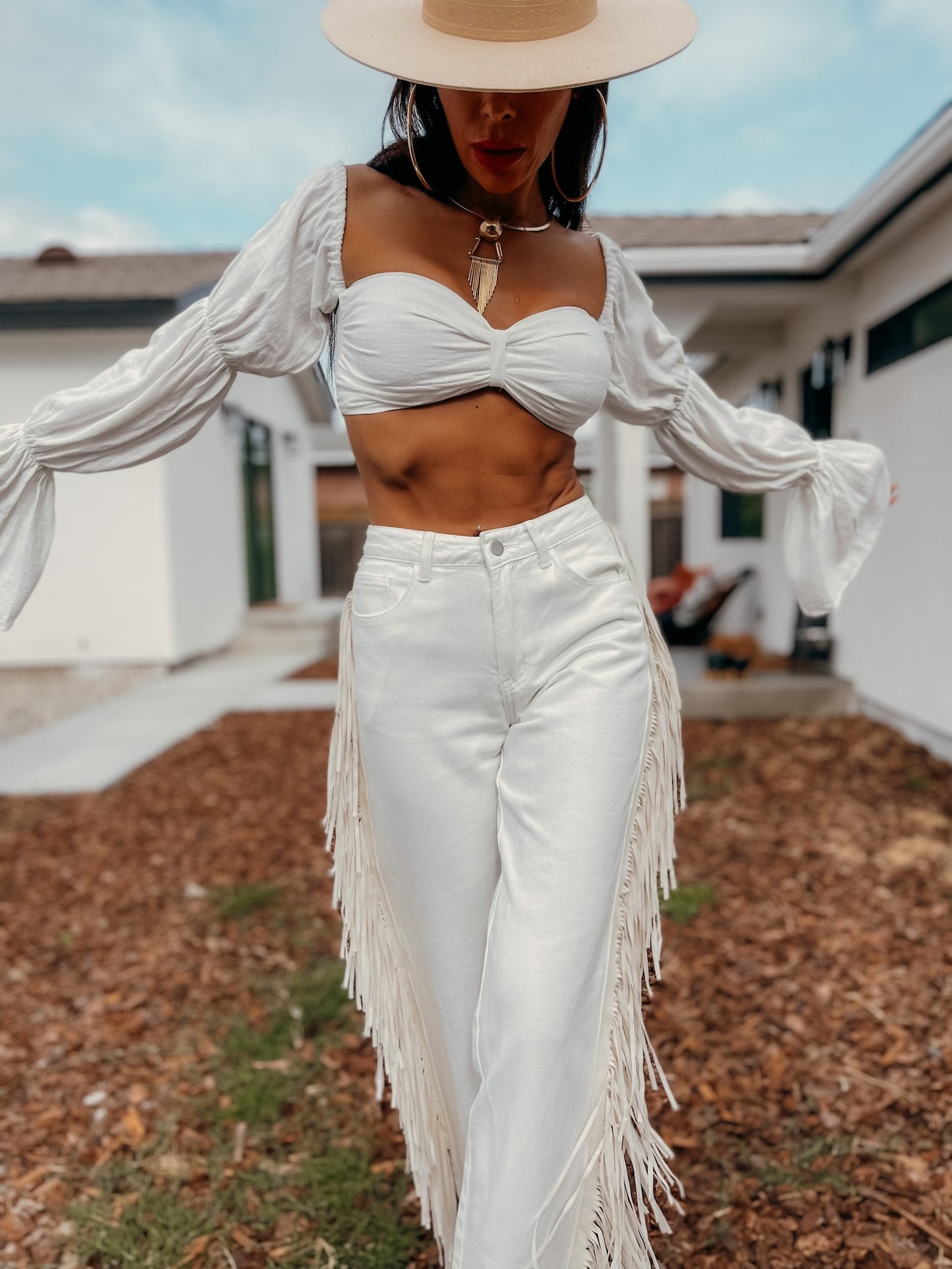 Linen Blend Crop Top: Tiered Sleeve Boho Bachelorette Outfit