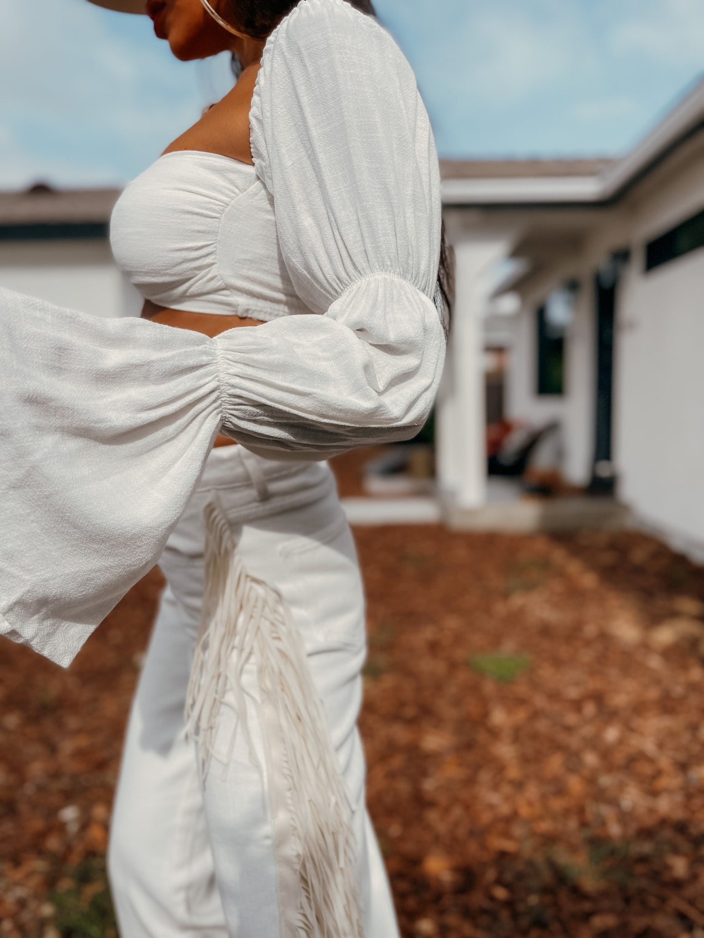 Linen Blend Crop Top: Tiered Sleeve Boho Bachelorette Outfit