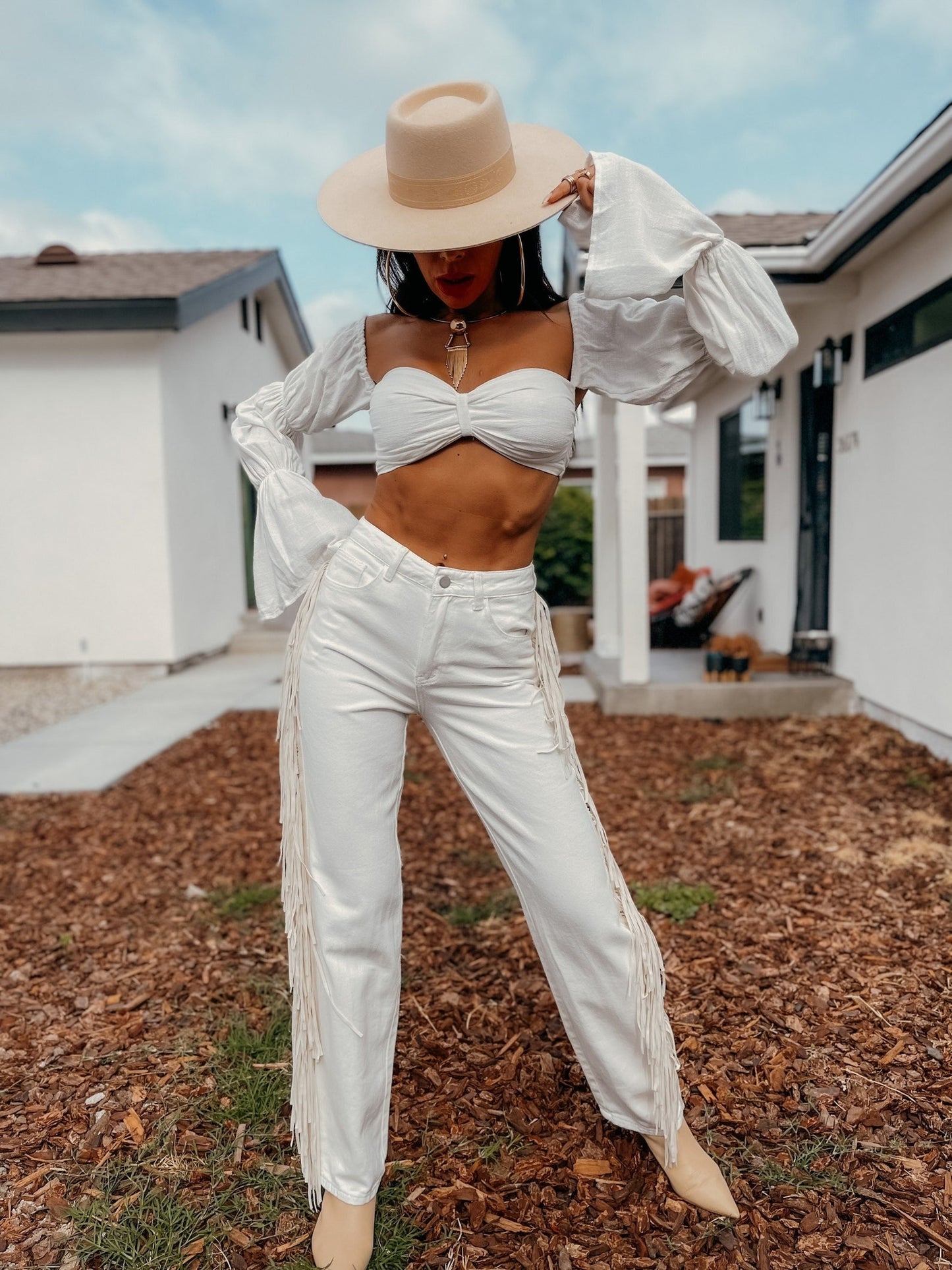 Linen Blend Crop Top: Tiered Sleeve Boho Bachelorette Outfit