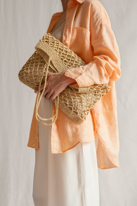 Raffia Net Bag in Natural, Crochet Raffia Tote, Summer Tote Bag, Straw Mesh Bag, Handcrafted Tote, Net Shoulder Bag