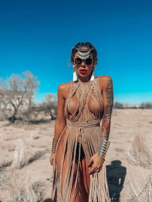 Boho Acrylic Macrame Like Beaded Fringe Festival Top Goddess Dress Bachelorette Party Concert Costume