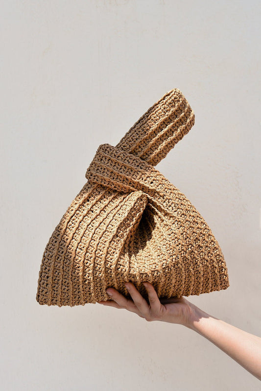 Raffia Knot Bag in Tan, Crochet Raffia Handbag, Summer Wrist Bag, Minimal Straw Bag, Handcrafted Pouch Purse ¡ª The Raffia Knot Bag