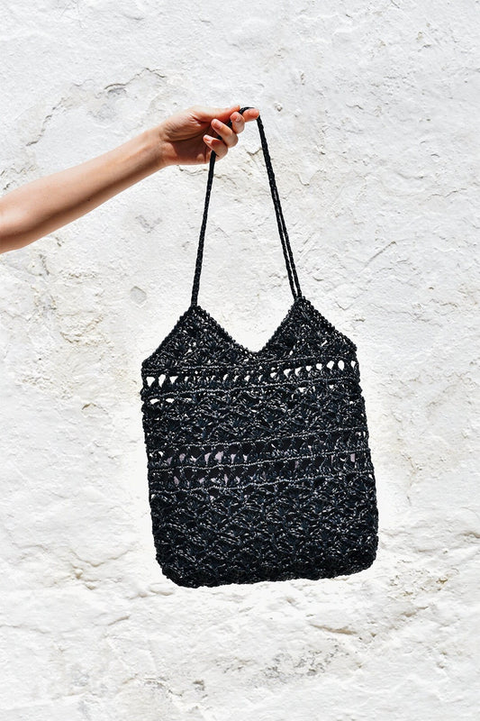 Crochet Raffia Tote Bag in Black, Summer Tote Bag, Black Straw Mesh Bag, Handcrafted Tote, Crochet Handbag ¡ª Anemone Tote