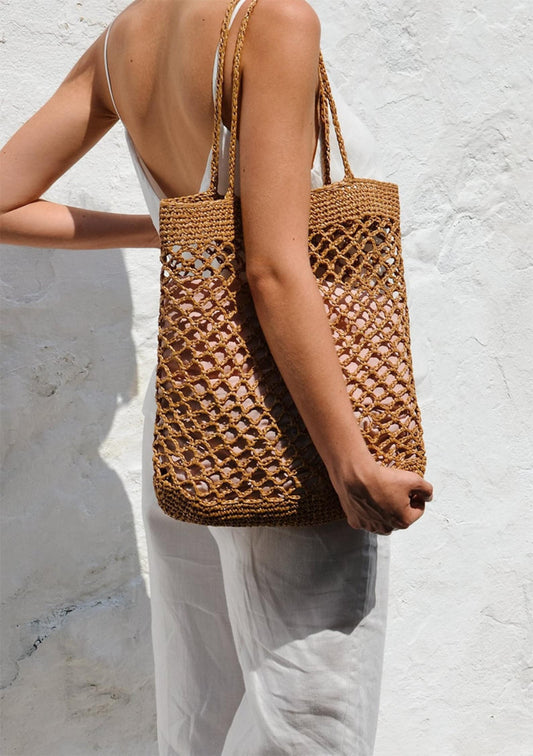 Raffia Net Bag in Tan, Crochet Raffia Tote, Summer Tote Bag, Straw Mesh Bag, Handcrafted Tote, Net Shoulder Bag