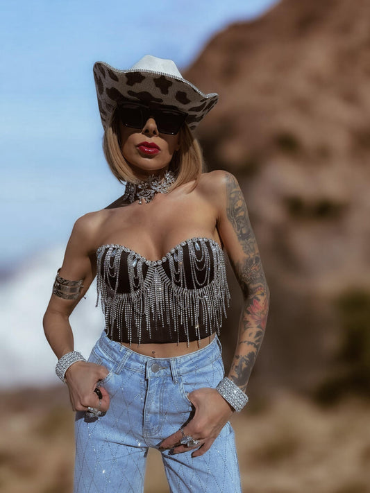 Rhinestone Fringe Corset Top: Silver Cowgirl Bachelorette Outfit