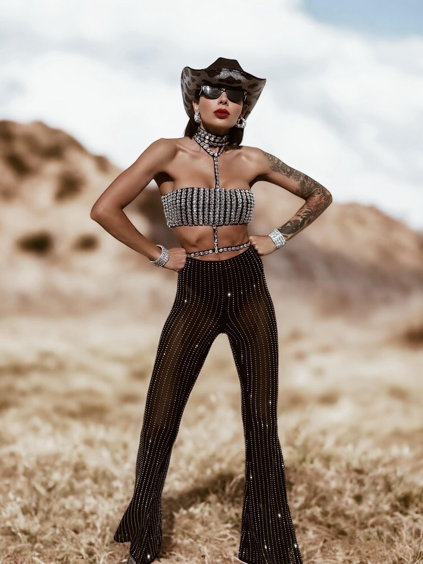 Black Western Glam Top, Rhinestone Festival Choker Top, Black Silver Cowgirl Outfit Top, Disco Bachelorette Party Outfit Space Cowboy