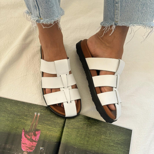 White Leather Slide Sandals, Handmade Summer Shoes, Women Sandals.