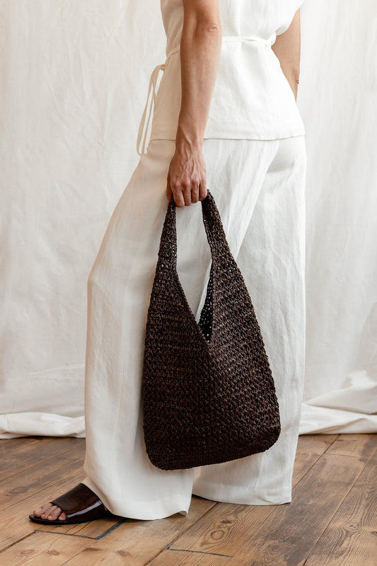 Crochet Raffia Tote in Pecan, Brown Summer Tote Bag, Straw Mesh Bag, Lightweight Crochet Shoulder Bag, One Handle Bag ¡ª The Daphne Tote