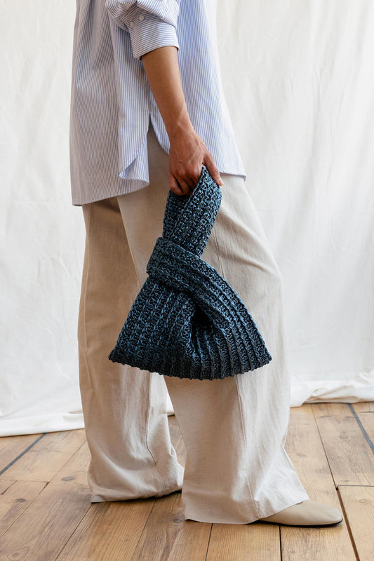 Raffia Knot Bag in Cove, Crochet Raffia Handbag, Summer Wrist Bag, Minimal Straw Bag, Metallic Blue  Pouch Purse ¡ª The Raffia Knot Bag