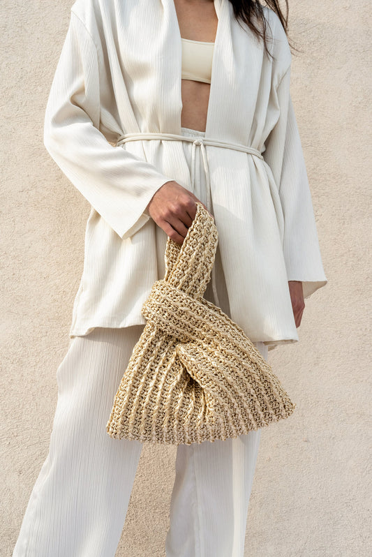 Raffia Knot Bag in Gold, Crochet Raffia Handbag, Summer Wrist Bag, Minimal Straw Bag, Handcrafted Pouch Purse ¡ª The Raffia Knot Bag