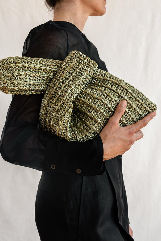 Raffia Knot Bag in Olive, Crochet Raffia Handbag, Shiny Green Summer Bag, Minimal Straw Bag, Handcrafted Pouch Purse ¡ª The Raffia Knot Bag