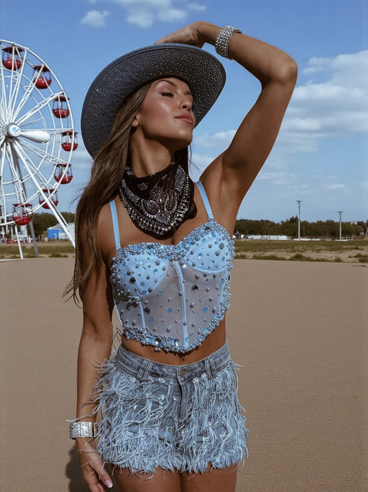 Blue Pearl Embellished Western Bustier Top, Concert Cowgirl Outfit Top, Diamond Corset, Bachelorette Party Outfit, Space Cowboy Costume Top