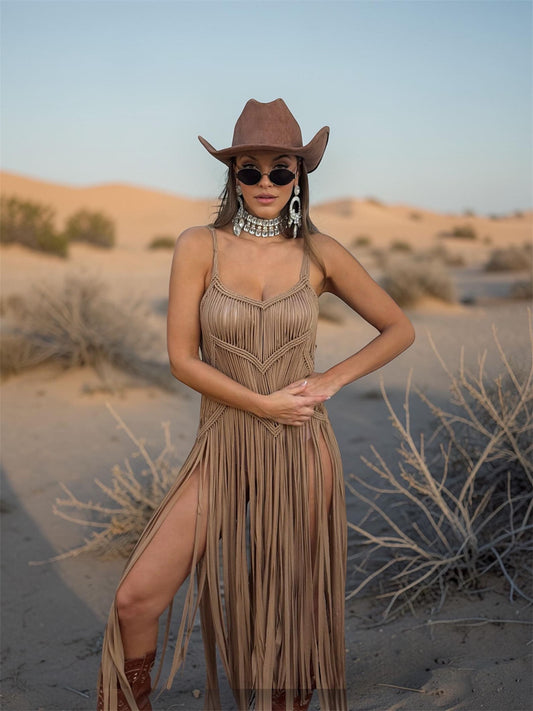 Brown Macrame Like Fringe Festival Dress, Cowgirl Fringe Dress, Western Festival Fringe Top, Macrame Goddess Dress, Cowgirl Festival Dress