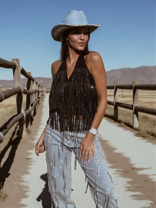 Diamond Fringe Festival Vest, Dazzled Fringe Cowboy Vest, Faux Suede Fringe Cowgirl Top, Backless Fringe Western Vest Top, Western Glam Top