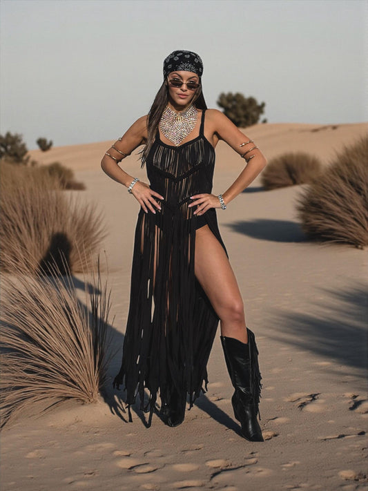 Boho Macrame Like Fringe Festival Dress, Cowgirl Fringe Dress, Western Festival Fringe Top, Macrame Goddess Dress, Cowgirl Festival Dress