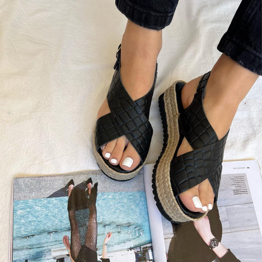 Leather Platform Sandals, Criss Cross Wedges, Espadrille Summer Shoes, Black Leather made in Greece.
