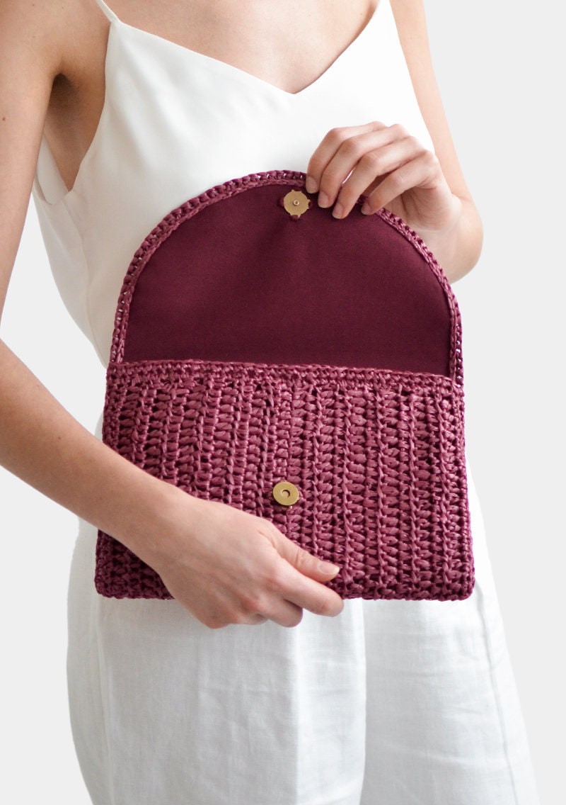 Crochet Raffia Clutch Bag: Plum Red Summer Handbag