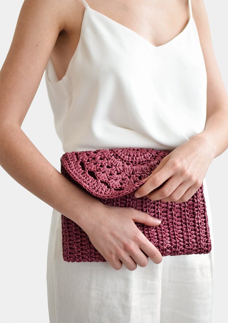 Crochet Raffia Clutch Bag: Plum Red Summer Handbag