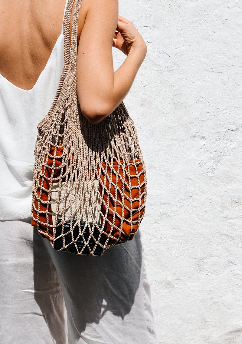 Crochet Market Bag, Beige Cotton Net Bag, French Market Bag, Handmade Eco Tote, Mesh Bag, Quality Shopping Bag, Groceries Farmers Bag