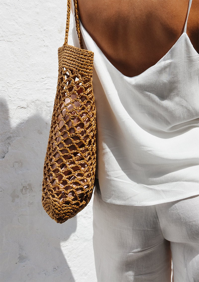 Raffia Net Bag in Pecan, Crochet Raffia Tote, Summer Tote Bag, Straw Mesh Bag, Brown Handcrafted Tote, Net Shoulder Bag ¡ª The Raffia Net Bag