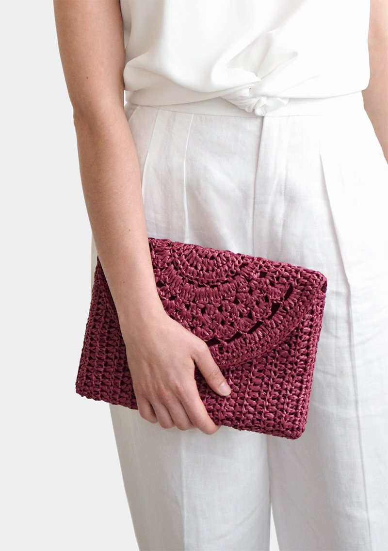 Crochet Raffia Clutch Bag: Plum Red Summer Handbag