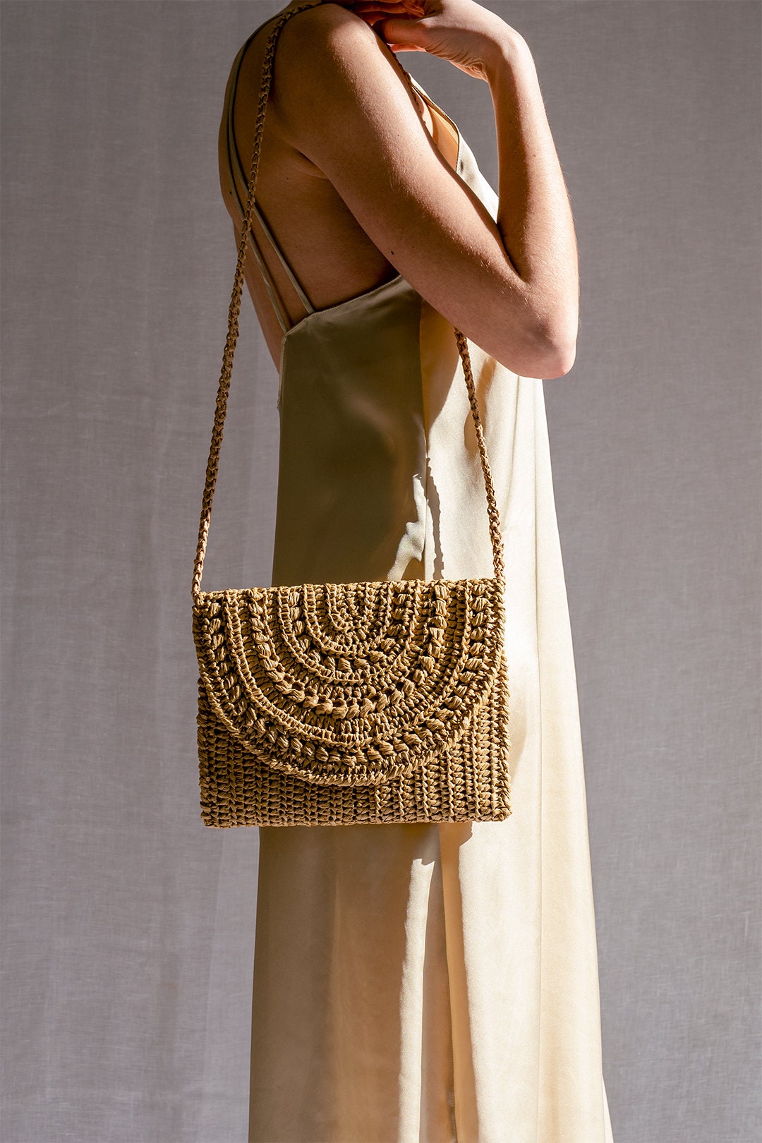 Crochet Raffia Clutch in Tan, Straw Summer Bag, Raffia Clutch Handbag, Tan Crochet Summer Bag, Crochet Straw Clutch  ¡ª Marigold Bag