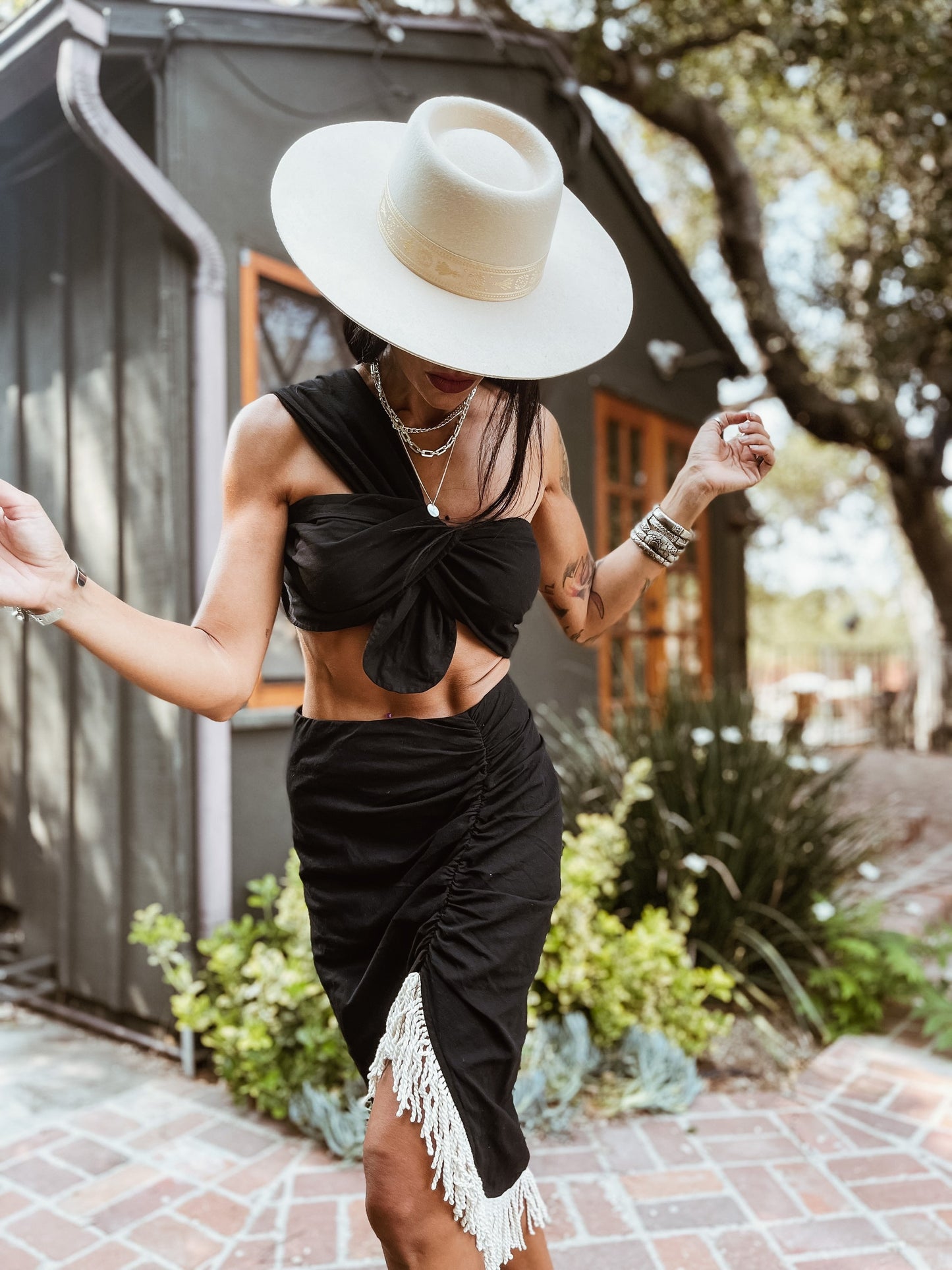 Boho Fringe Skirt Set: Cotton One Shoulder Top, Midi Dress