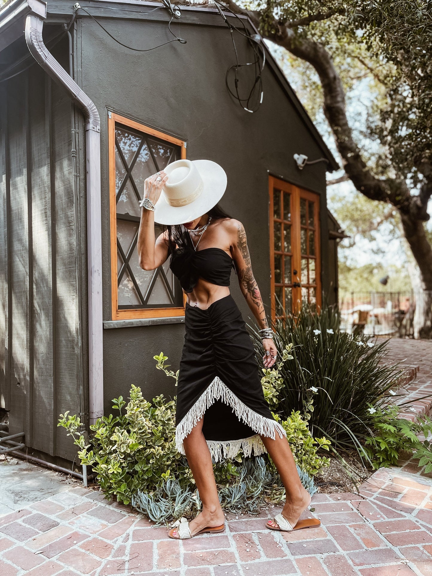 Boho Fringe Skirt Set: Cotton One Shoulder Top, Midi Dress