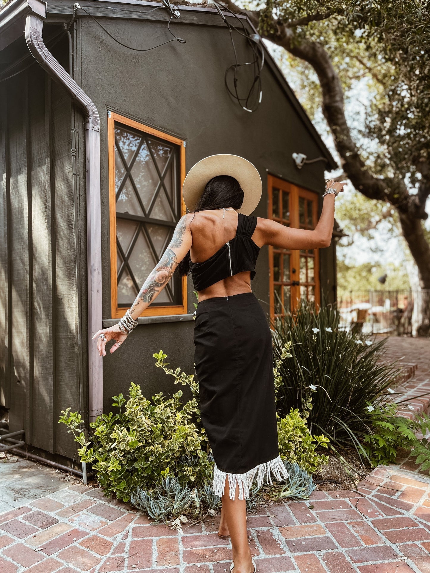 Boho Fringe Skirt Set: Cotton One Shoulder Top, Midi Dress