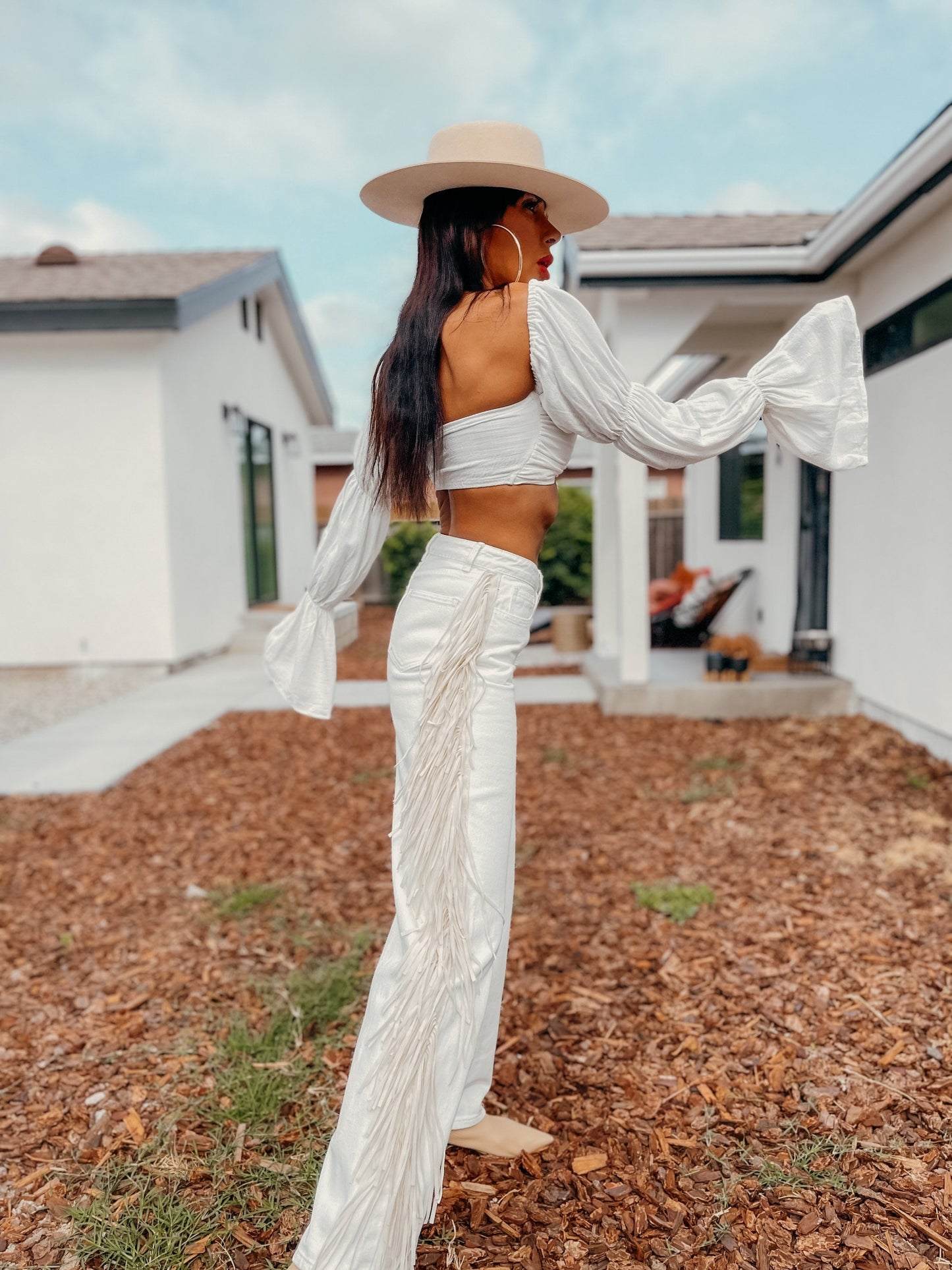 Linen Blend Crop Top: Tiered Sleeve Boho Bachelorette Outfit