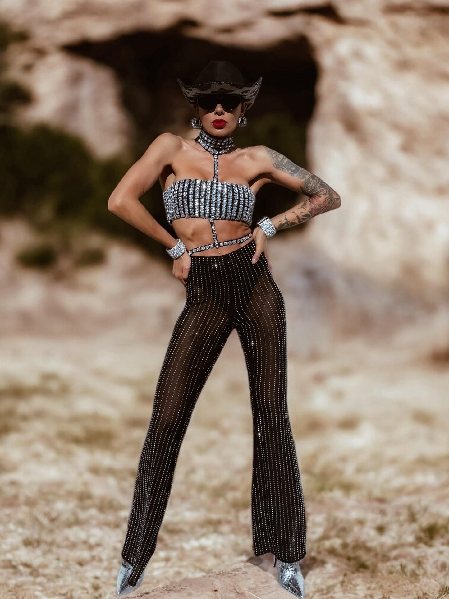 Black Western Glam Top, Rhinestone Festival Choker Top, Black Silver Cowgirl Outfit Top, Disco Bachelorette Party Outfit Space Cowboy