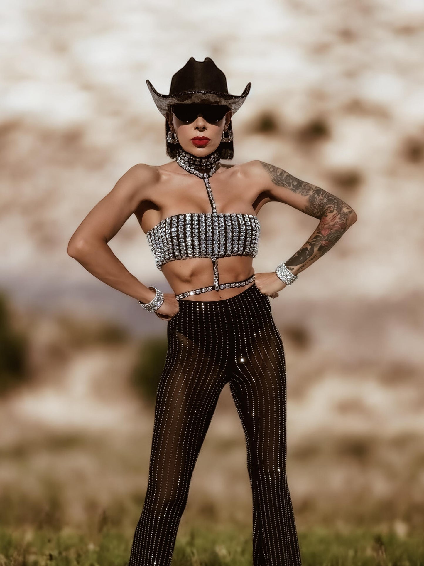 Black Western Glam Top, Rhinestone Festival Choker Top, Black Silver Cowgirl Outfit Top, Disco Bachelorette Party Outfit Space Cowboy