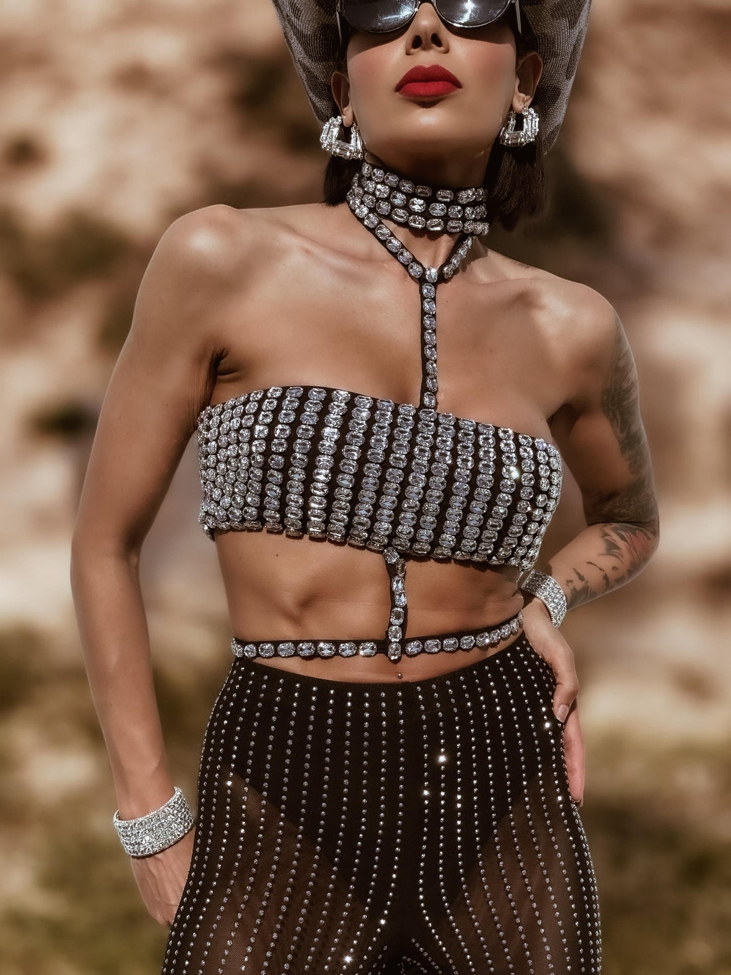 Black Western Glam Top, Rhinestone Festival Choker Top, Black Silver Cowgirl Outfit Top, Disco Bachelorette Party Outfit Space Cowboy